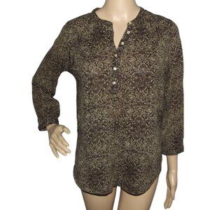 Lucky Brand John Robshaw Top Womens Sz Medium Brown floral print Henley pullover
